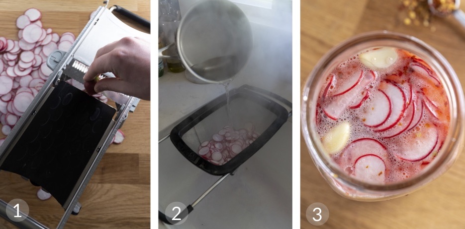 Multi-frame image showing how to make quick pickled radishes. The first image shows radishes being sliced on a mandolin. The second image shows the radishes in an over the sink colander with boiling water being poured over. In the third and final image the radishes are stored in the vinegar mixture.